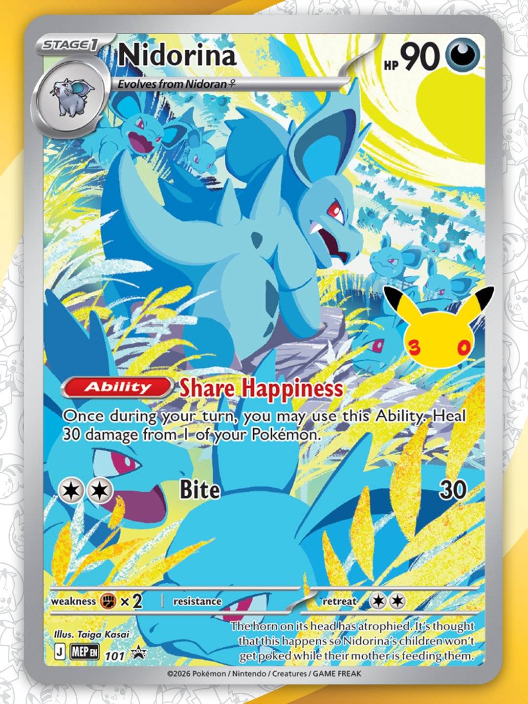 Nidorina illustration rare-style promo card with 30th Celebration Pikachu stamp