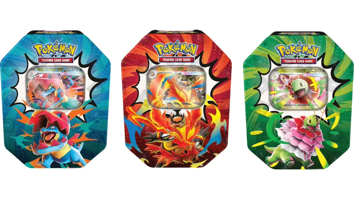 Ascended Heroes tins featuring Mega Feraligatr ex, Mega Emboar ex, and Mega Meganium ex