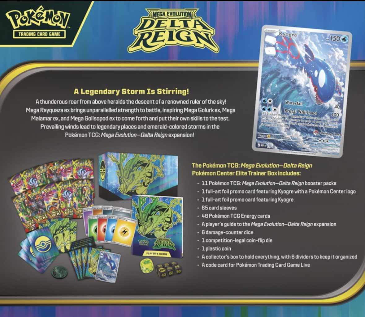 Back of the Delta Reign Pokémon Center Elite Trainer Box showing the Kyogre full-art promo card and full contents list