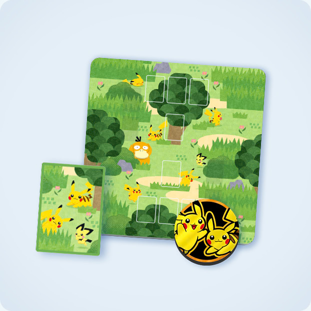 Pikachu-themed playmat, card sleeve, and coin accessories in a forest design
