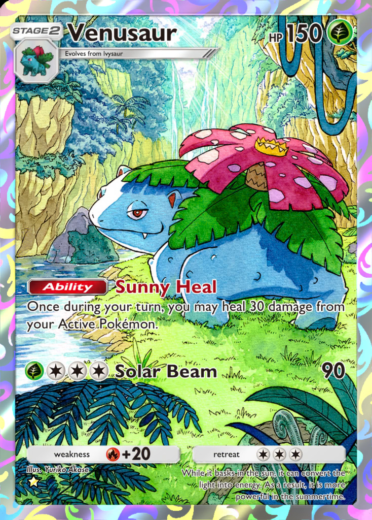 Venusaur card illustrated by Yuriko Akase, lounging by a river below canyon walls