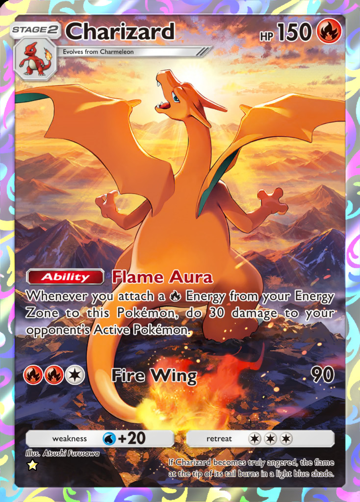 Charizard card illustrated by Atsushi Furusawa, wings spread against a mountain sunset