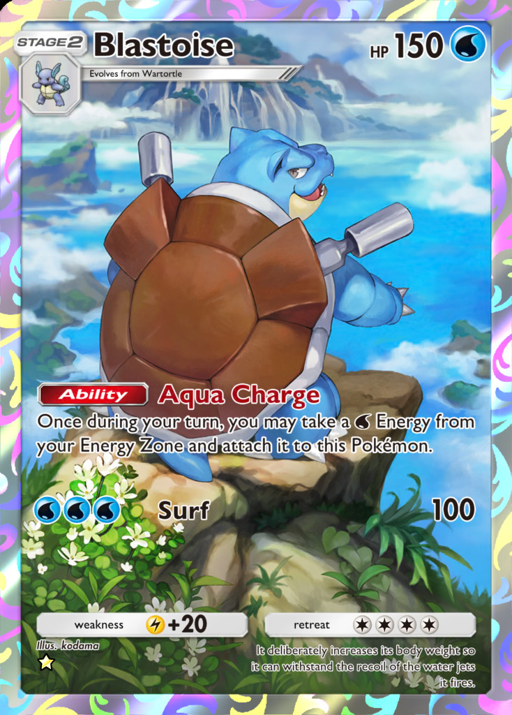 Blastoise card illustrated by kodama, perched on a seaside cliff