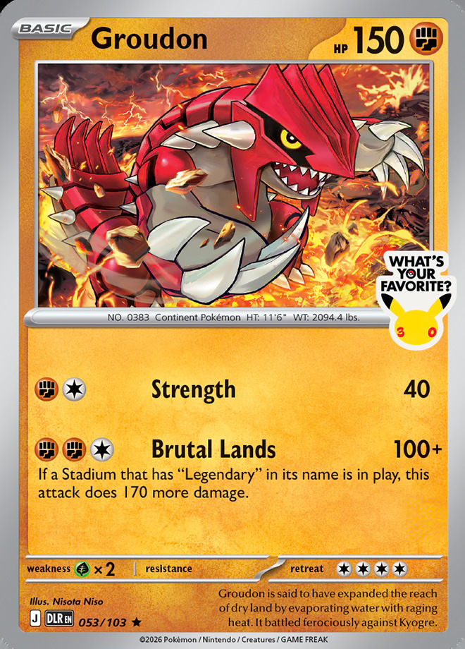 Groudon promo card with 150 HP showing the Fighting-type legendary roaring amid fire and flying rocks