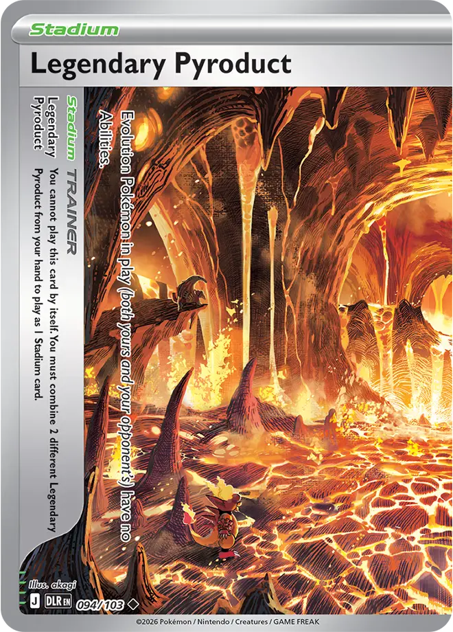 Legendary Pyroduct Stadium card 094/103 showing a volcanic cavern with lava flows and a small Pokémon in the foreground