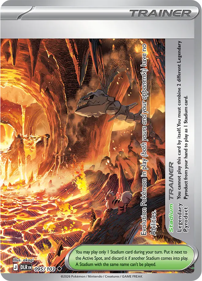 Legendary Pyroduct Trainer card 095/103 completing the volcanic scene with Steelix emerging from the rock and Growlithe below