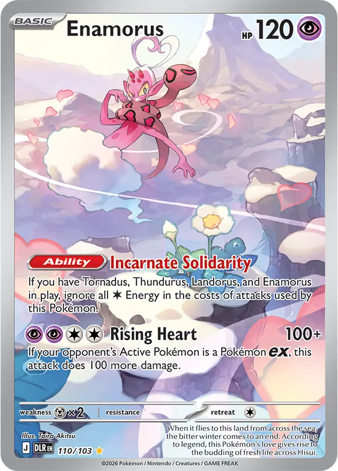 Enamorus Illustration Rare 110/103 floating above snowy mountains surrounded by pink heart shapes and a single white flower