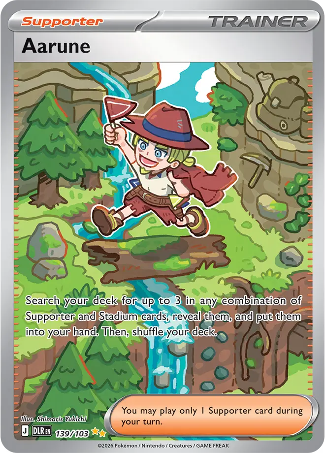 Aarune Special Illustration Rare 139/103 showing the trainer leaping across a waterfall with a red flag raised
