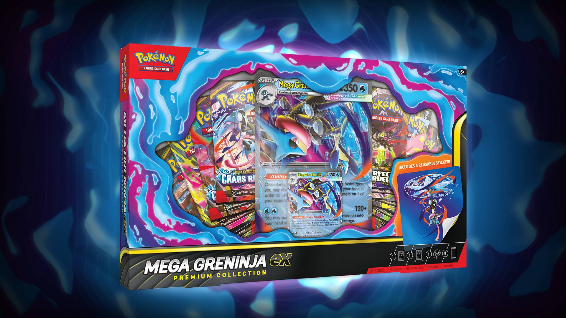 Mega Greninja ex Premium Collection box showing the promo card and boosters