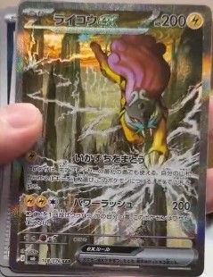 Leaked Raikou ex Special Illustration Rare from Storm Emerald, showing Raikou charging through a dark forest surrounded by lightning
