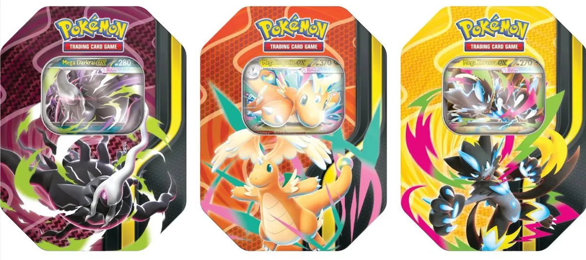 Mega Forces Tins lineup featuring Mega Dragonite ex, Mega Darkrai ex, and Mega Zeraora ex