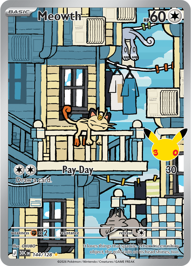 Illustration Rare Meowth by OKUBO showing Meowth napping on an apartment balcony in a sunny urban scene, numbered 144/128