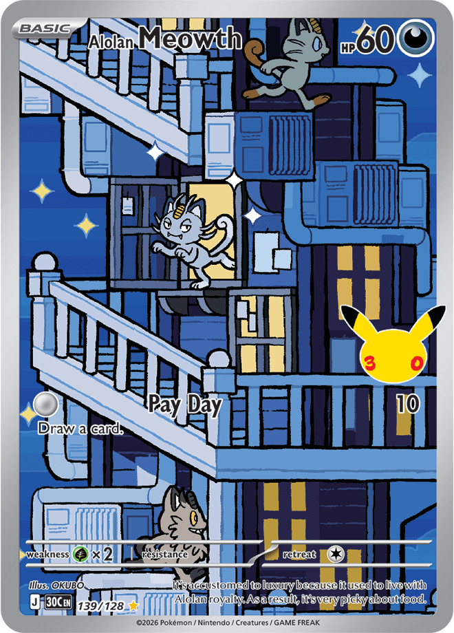 Illustration Rare Alolan Meowth by OKUBO prancing along a railing at night with Meowth and Galarian Meowth in the background, numbered 139/128