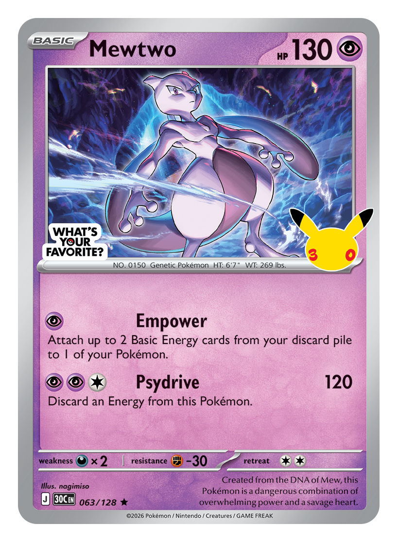 Mewtwo promo card from 30th Celebration with the Pokémon 30 and What's Your Favorite logos stamped on the artwork