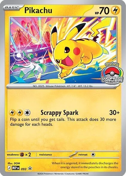 Pikachu promo card stamped with the Pokémon World Championships 2026 logo