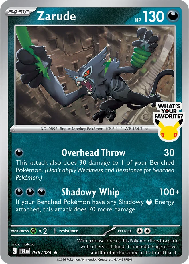 Zarude promo card, a Basic Dark-type with 130 HP, numbered 056/084