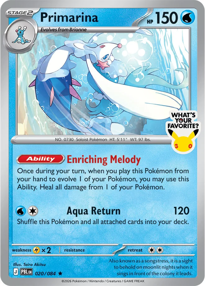 Primarina promo card, a Stage 2 Water-type with 150 HP, numbered 020/084