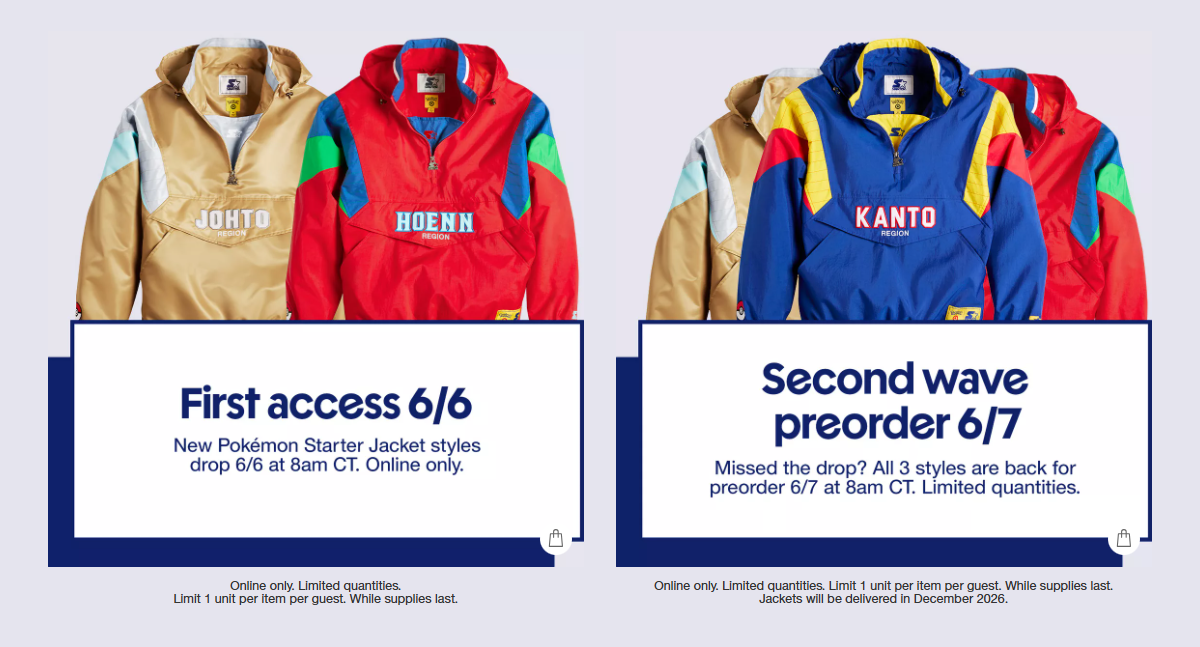 Pokémon Starter Jackets - Johto, Hoenn, and Kanto styles