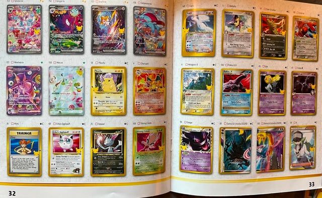 Set list booklet page showing numbered Pokémon cards including Pikachu, Charizard, Mewtwo ex, Mew ex, Misty, and Erika's Jigglypuff