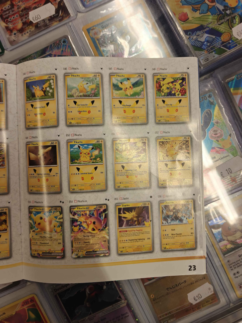 Leaked 30th Celebration set list booklet page 23 with Pikachu reprints, a Pikachu ex, and Zapdos