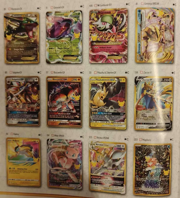 Leaked booklet page of 30th Celebration reprints showing full-art cards including Rayquaza-EX, Genesect-EX, M Gardevoir-EX, Greninja BREAK, Solgaleo-GX, Buzzwole-GX, Pikachu and Zekrom-GX, Zacian V, Raikou, Mew VMAX, and Arceus VSTAR