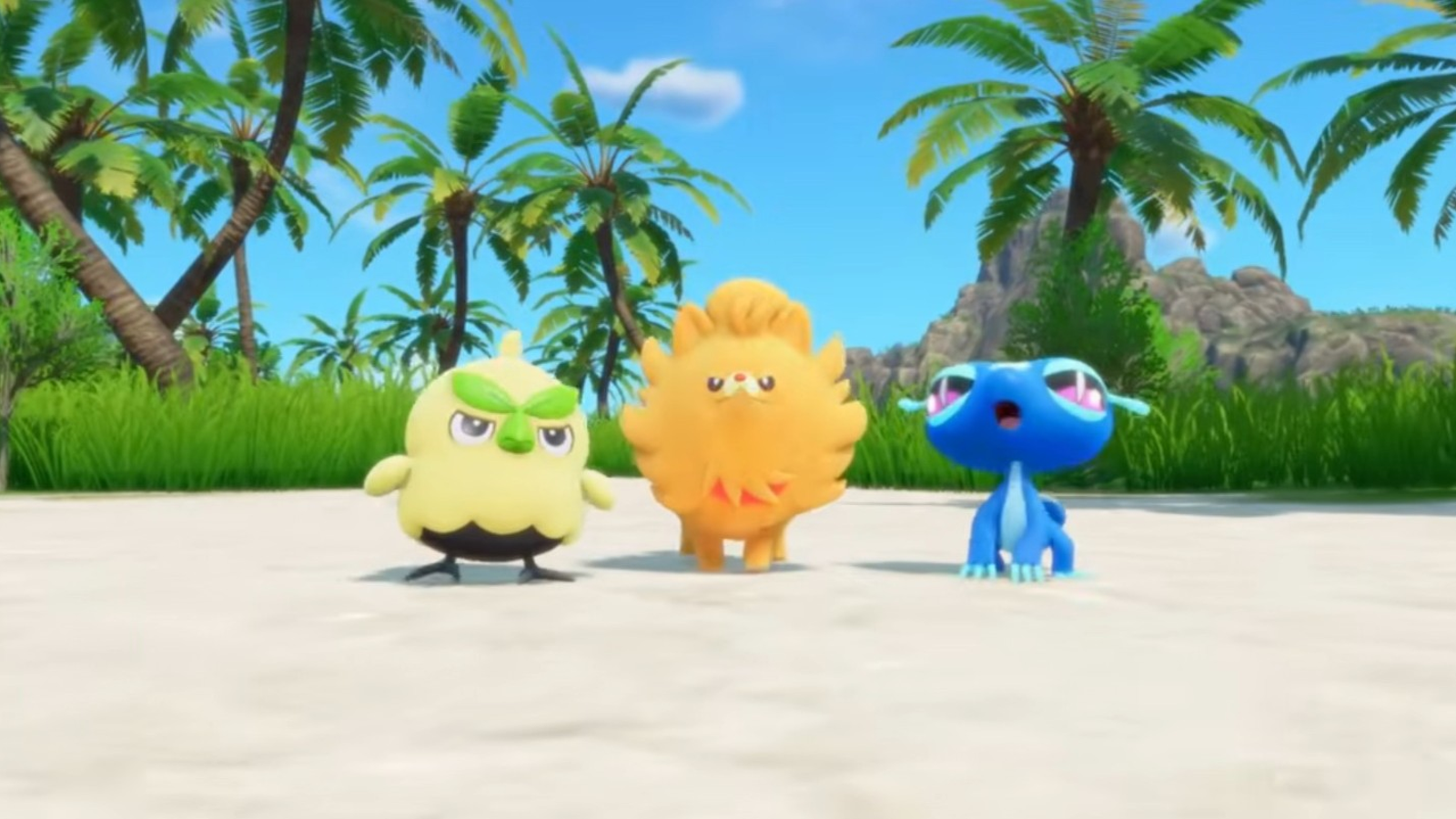 Three starter Pokémon standing on a beach with palm trees behind them