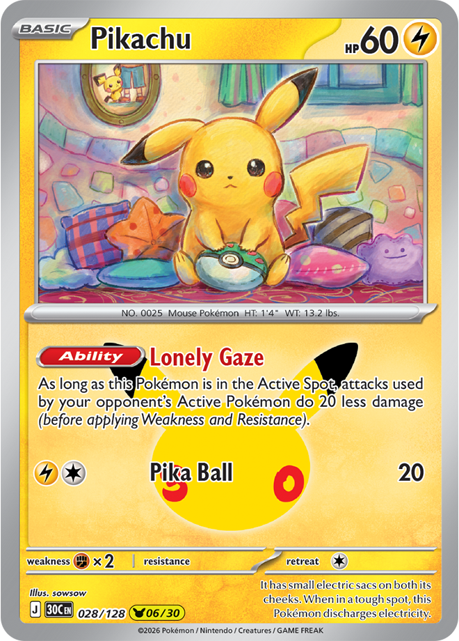 Pikachu card illustrated by sowsow showing Pikachu surrounded by pillows holding a Friend Ball cushion, with the Lonely Gaze Ability and Pika Ball attack
