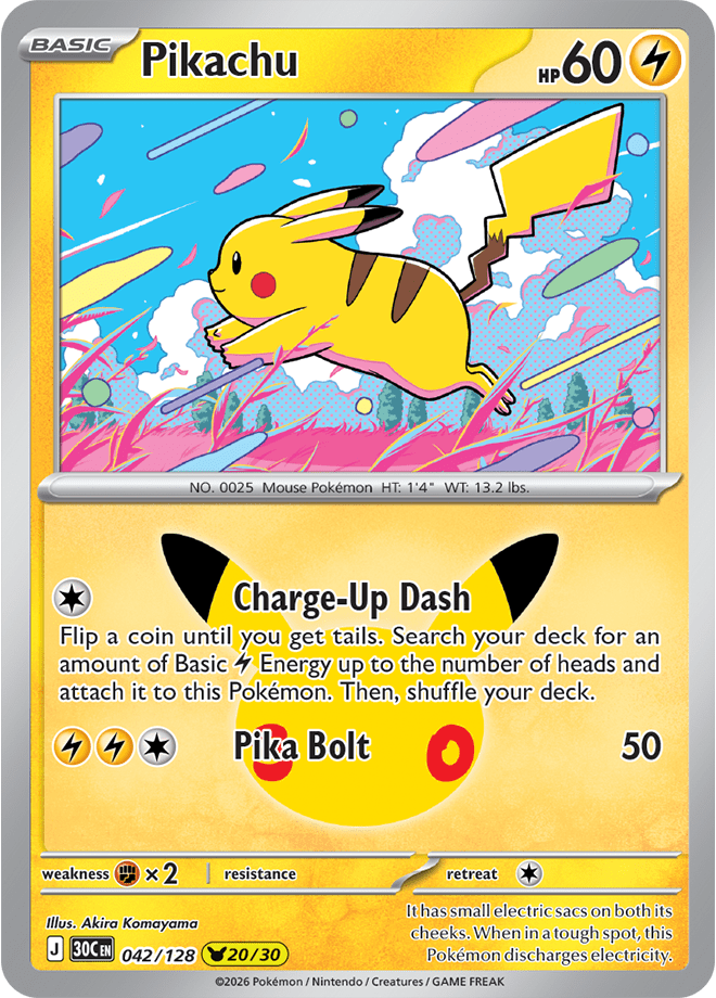 Pikachu card illustrated by Akira Komayama showing Pikachu running across a pink field under a blue sky with halftone clouds, with Charge-Up Dash and Pika Bolt attacks