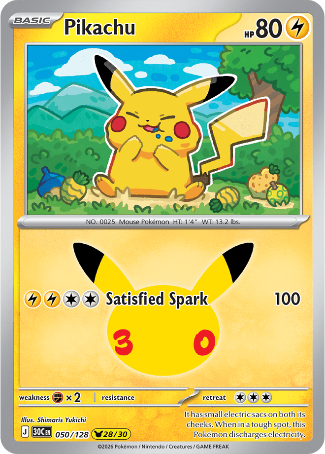 Pikachu card illustrated by Shimaris Yukichi showing Pikachu with cheeks full of Berries against a green landscape, with the Satisfied Spark attack